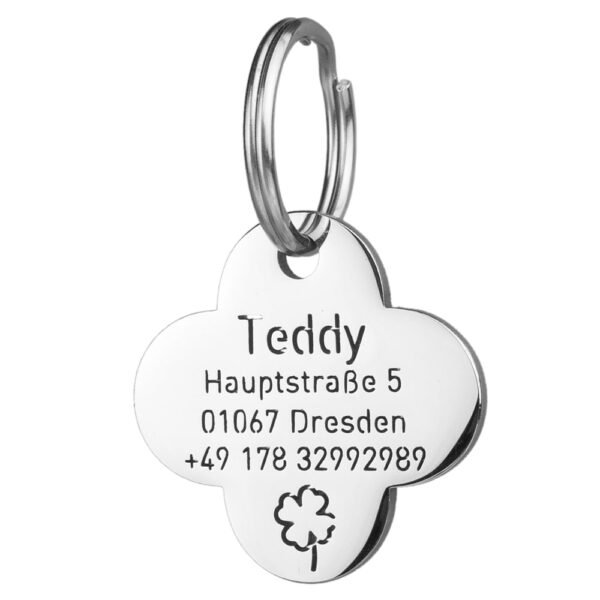 Kleeblatt Hundemarke aus Edelstahl mit Gravur für Hunde